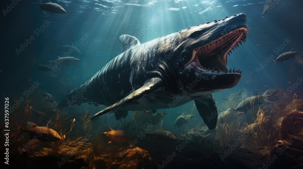Fototapeta premium Surreal submarine shot, a wild whale