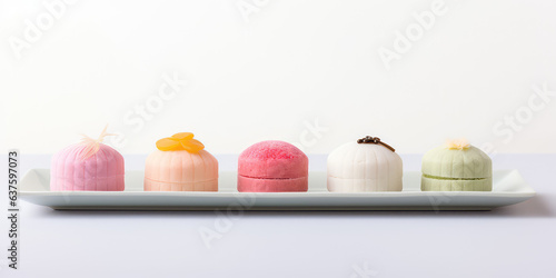 Traditional Japanese confection dessert wagashi on white plate, cute light pastel colors. photo