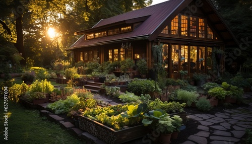 a cabin with a cozy garden