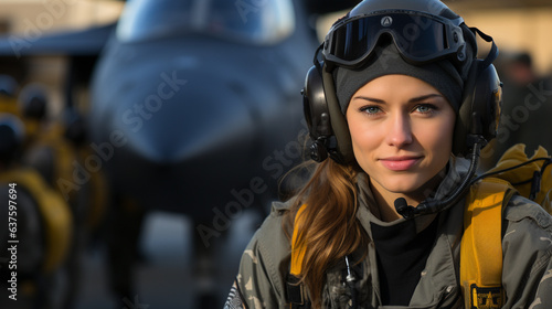 Female fighter pilot soldier standing outside her fighter jet - generative AI. © Andy Dean