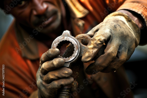 Maintenance Worker grunts with effort as their spasmodic motions wrench a rusty bolt out of its housing. photo