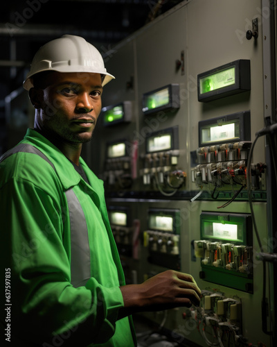 A Water Treatment Operator gazes intensely at a control panel illuminated by the bright hue of green block letters that detail water purity levels. He looks unflinching and prepared ready to take