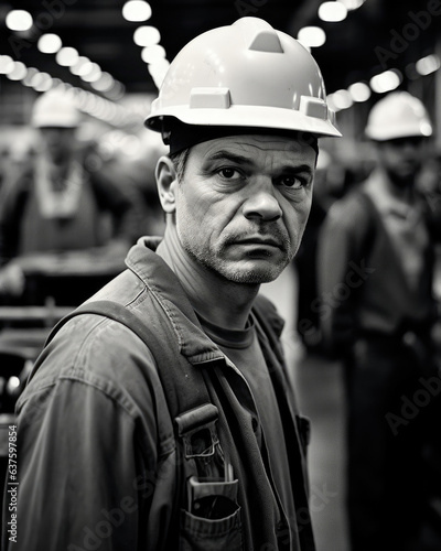 A determined Assembly Line Worker looks up from their work their face resolute and stoic in the face of constant challenge.