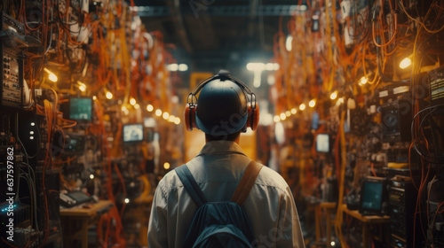 A Production Operator peers thoughtfully into the distance as he stands in a sea of colorfully organized parts the industrial hum filling the air around him.