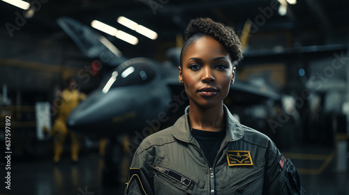 Tablou canvas Female African American fighter pilot soldier stands outside her fighter jet - generative AI