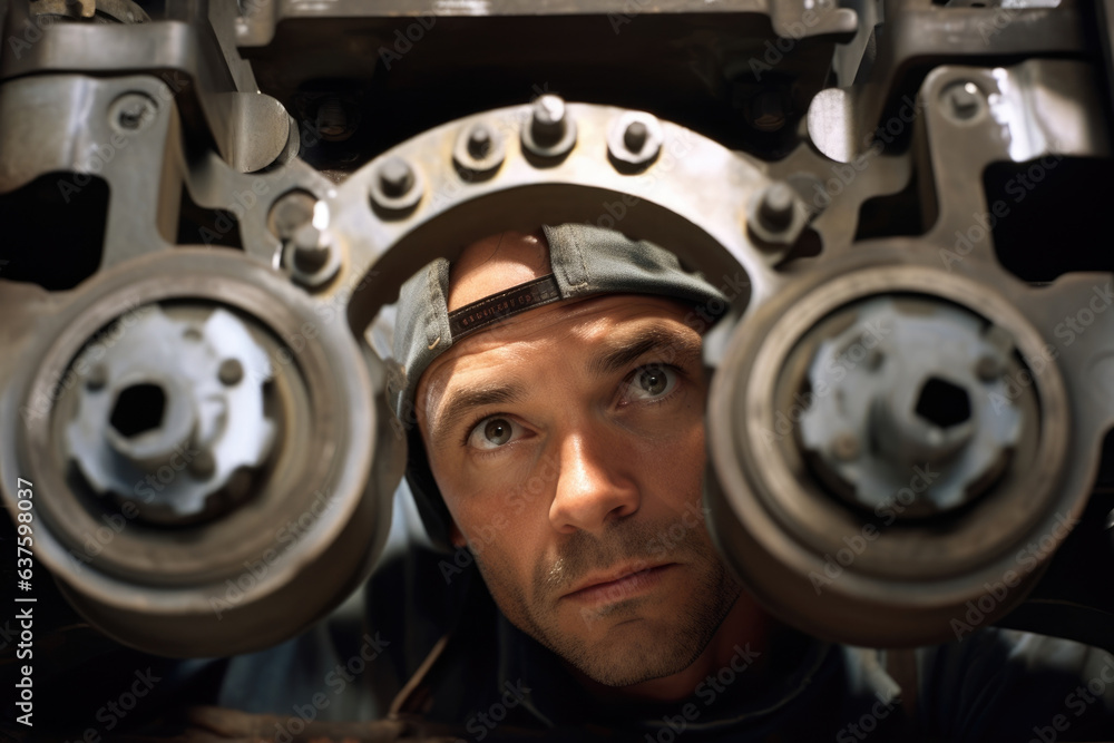 A Heavy Equipment Mechanic looks up from beneath a large mechanical part with a wrench in one hand their forehead lined with concentration as they focus on the task in front of them. A Heavy Equipment Mechanic looks up from beneath a large mechanical part with a wrench in one hand their forehead lined with concentration as they focus on the task in front of them.