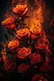 bouquet of roses with blazing buds with orange flames on a dark background, created with Generative AI Technology.