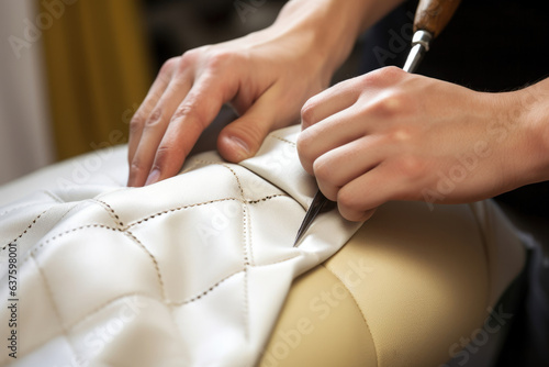 An upholsterer reupholsters a cushioned chair a white glove on one hand and scissors in the other ting and pinning the fabric in the exact place. photo