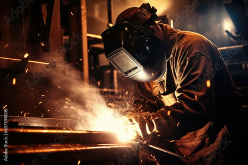 A Boilermaker is silhouetted against a backdrop of bright sparks and smoke pouring from a furnace. The skill and dexterity of their hands are evident as they prepare to weld a piece of complicated