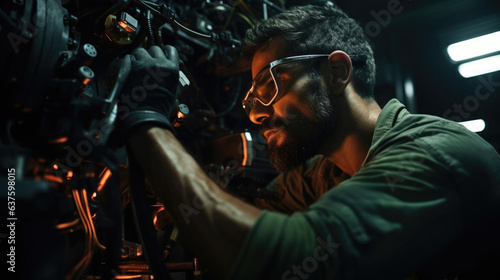 The Machinery Mechanic peers intently through a pair of safety goggles studying the machinery before him as he searches for the cause of the breakdown.