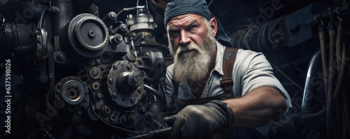 The Machinery Mechanic confidently mounts a huge engine to securely fix it into place a passion for the craft evident on their face.