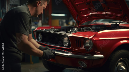 on the task at hand a Car Mechanic stands next to a classic red Mustang arms outstretched as he points out the intricate details of the engine underneath the hood. © Justlight