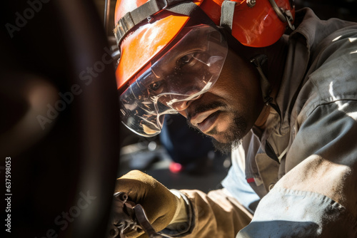 A brake technician is in the middle of repairing a cars brake system carefully maneuvering two small tools while making sure everything is in perfect condition. The intense sunlight illuminates