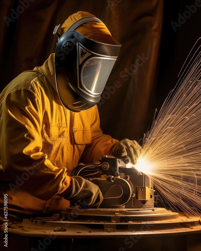 The uniform and machine of the sandblaster is illuminated by a golden light highlighting the skill and expertise put into their craft.