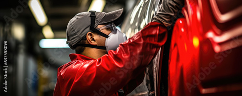 Closeup shot of an employee painting a car part in a ventilation room.