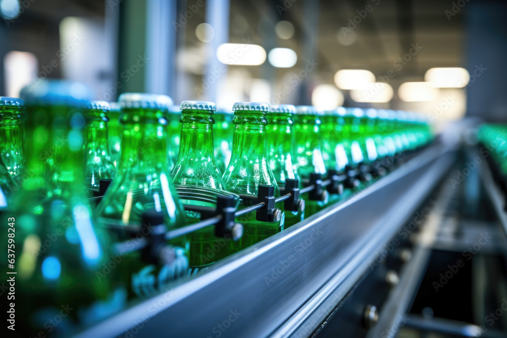 An upclose shot of a beverage container moving down the conveyor belt is seen. The container is about to be filled with carbonated drinks.