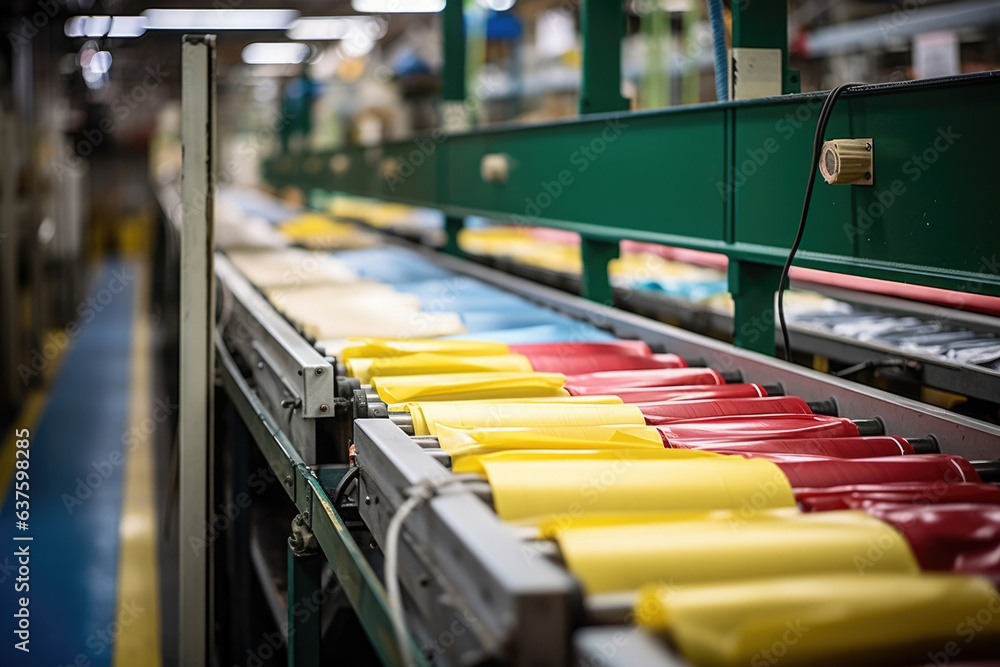 Fototapeta premium Conveyor belts filled with various neatly wrapped cleaning products ready to be shipped out and used in households all over the world.