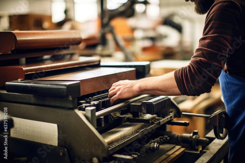A close up of a printer and press operator making adjustments to the setup of typefaces for a book cover design.