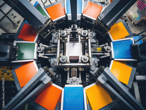 An overhead view of a rotary press with a large stack of books being printed in several colors and multiple widths. © Justlight