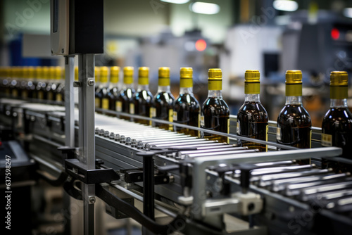 An angled view of a conveyor system featuring several robotic arms in the background is seen. The arms are picking up bottles and placing them onto the conveyor.