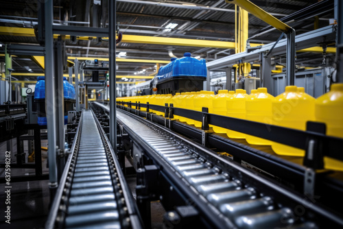 Tall metal conveyor belts into straight lines with various chemicals containers and cleaning products carefully p on them that move along a continuous line to be combined in order to create in