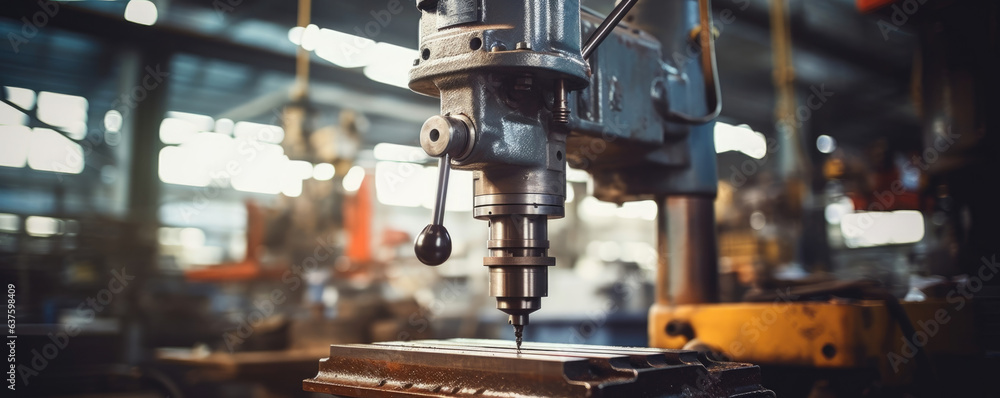 A closeup shot of a drill press inside of a factory. The drill press is slowly boring holes into different sizes of steel blocks of various shapes using a spinning drill bit. A closeup shot of a drill press inside of a factory. The drill press is slowly boring holes into different sizes of steel blocks of various shapes using a spinning drill bit.