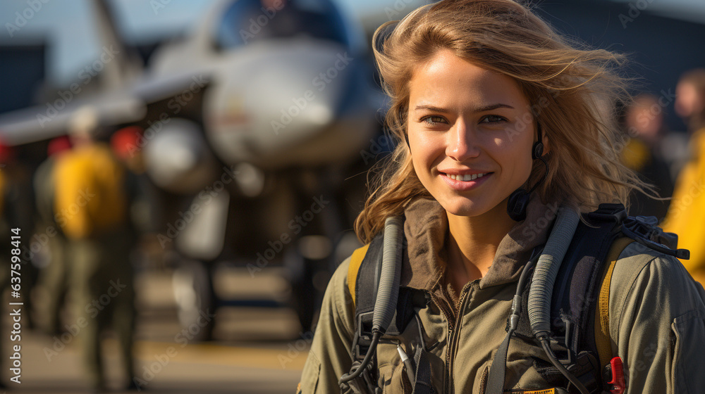 Fototapeta premium Female fighter pilot soldier standing outside her fighter jet - generative AI.