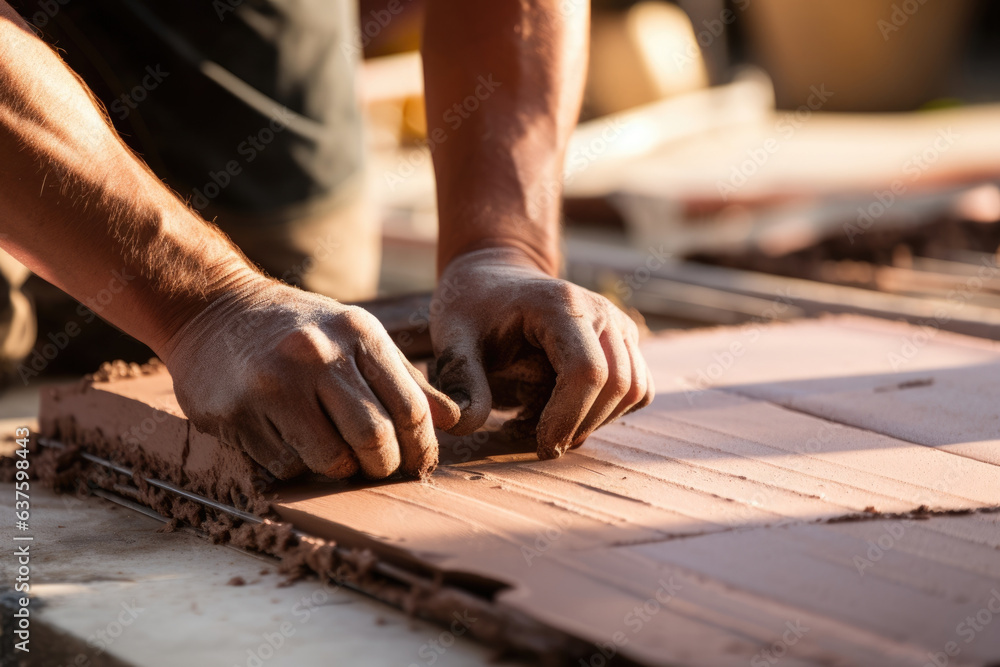 Closeup shot of a worker rolling clay down a ramp onto a wide surface for ting and forming tiles. Closeup shot of a worker rolling clay down a ramp onto a wide surface for ting and forming tiles.