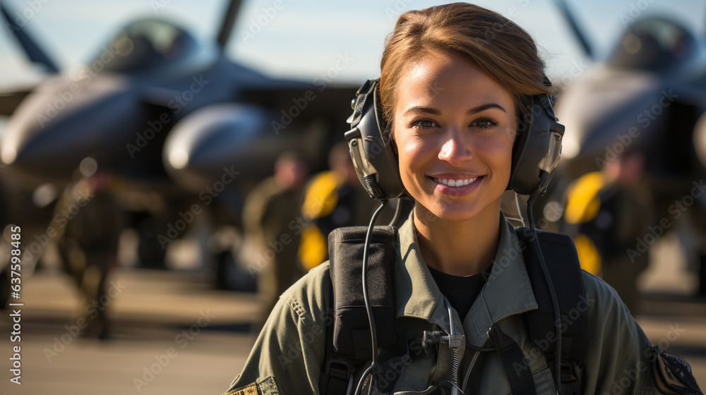 Fototapeta premium Mixed Race female fighter pilot soldier standing outside her military fighter jet - generative AI.