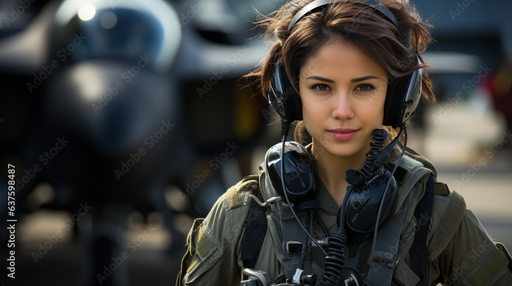 Mixed Race female fighter pilot soldier standing outside her military fighter jet - generative AI.