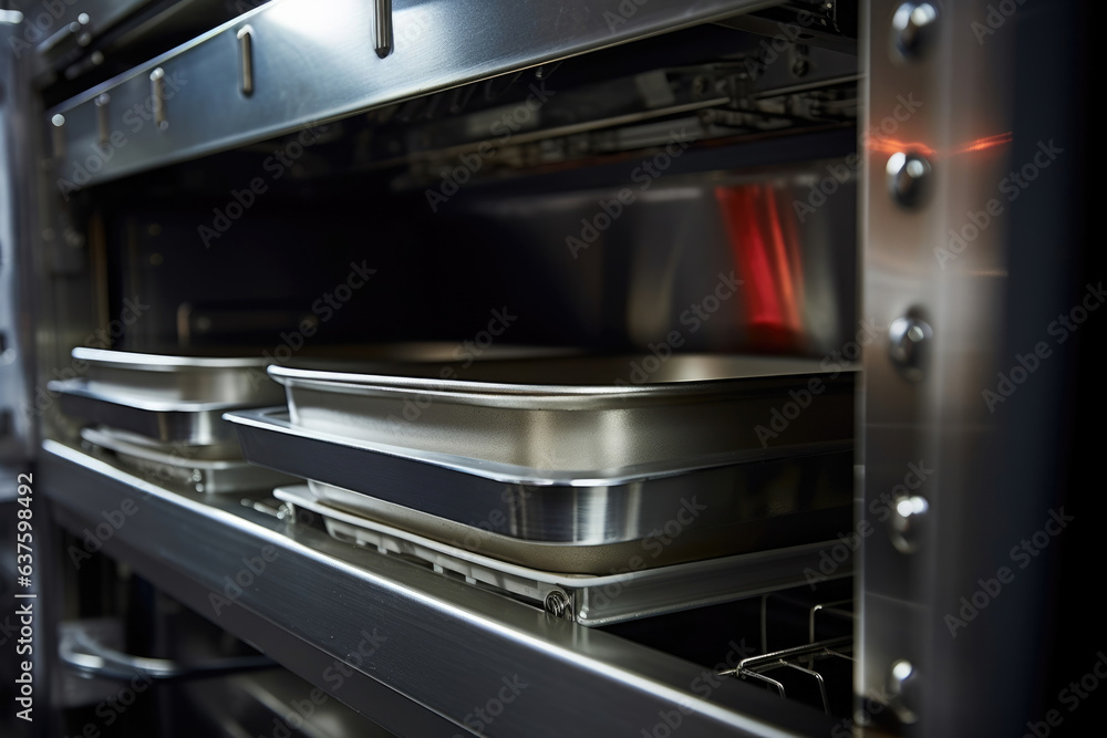 A steel conveyor belt slowly moving along carrying a wide variety of freshly produced microwave ovens. A steel conveyor belt slowly moving along carrying a wide variety of freshly produced microwave ovens.