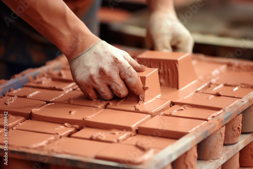 Closeup shot of a brick molder pouring clay onto a vibrating table creating the tiles that will be used to finish walls and floors.