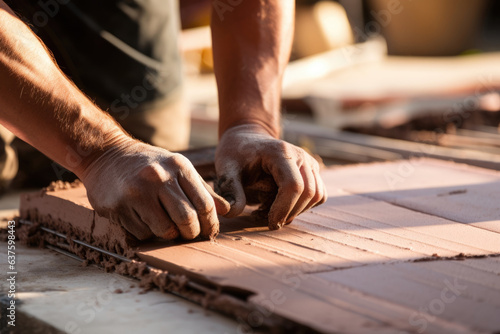 Closeup shot of a worker rolling clay down a ramp onto a wide surface for ting and forming tiles.