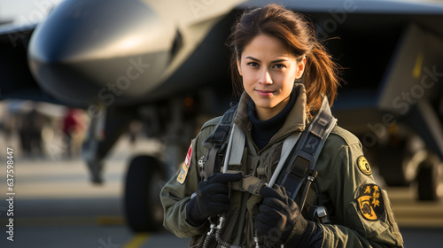 Mixed Race female fighter pilot soldier standing outside her military fighter jet - generative AI.