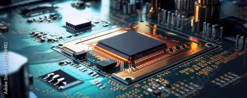Magnified view of a processor chip clearly showcasing its individual transistors and miniaturized components along with a solder being applied to the chips surface to fasten it to its printed circuit photo