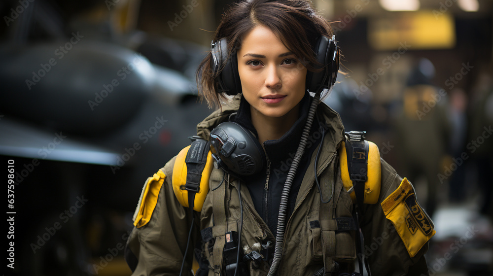 Mixed Race female fighter pilot soldier standing outside her military fighter jet - generative AI.
