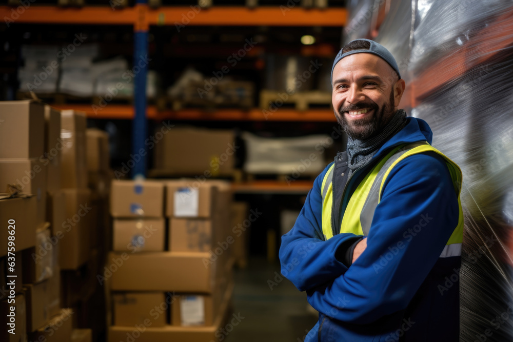 A Production Worker takes a break from their work standing in a brightly lit factory surrounded by hundreds of items in production with a satisfied smile on their face. A Production Worker takes a break from their work standing in a brightly lit factory surrounded by hundreds of items in production with a satisfied smile on their face.