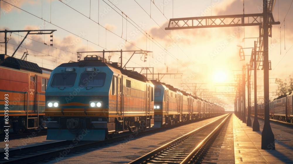 A picturesque view of a train station platforms with several trains lined up ready to take on cargo representing the transport of goods and the interconnectedness of the logistics network. A picturesque view of a train station platforms with several trains lined up ready to take on cargo representing the transport of goods and the interconnectedness of the logistics network.