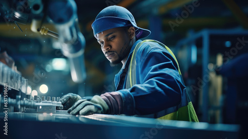 In a vibrant factory setting a factory worker is pictured wearing a bright blue hardhat while working on a complicatedlooking piece of machinery. With a stoic expression they focus on the task
