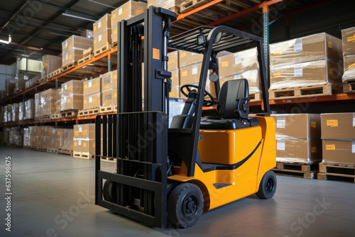 A forklift picking up cargo boxes from a line of neatly ordered stacks.