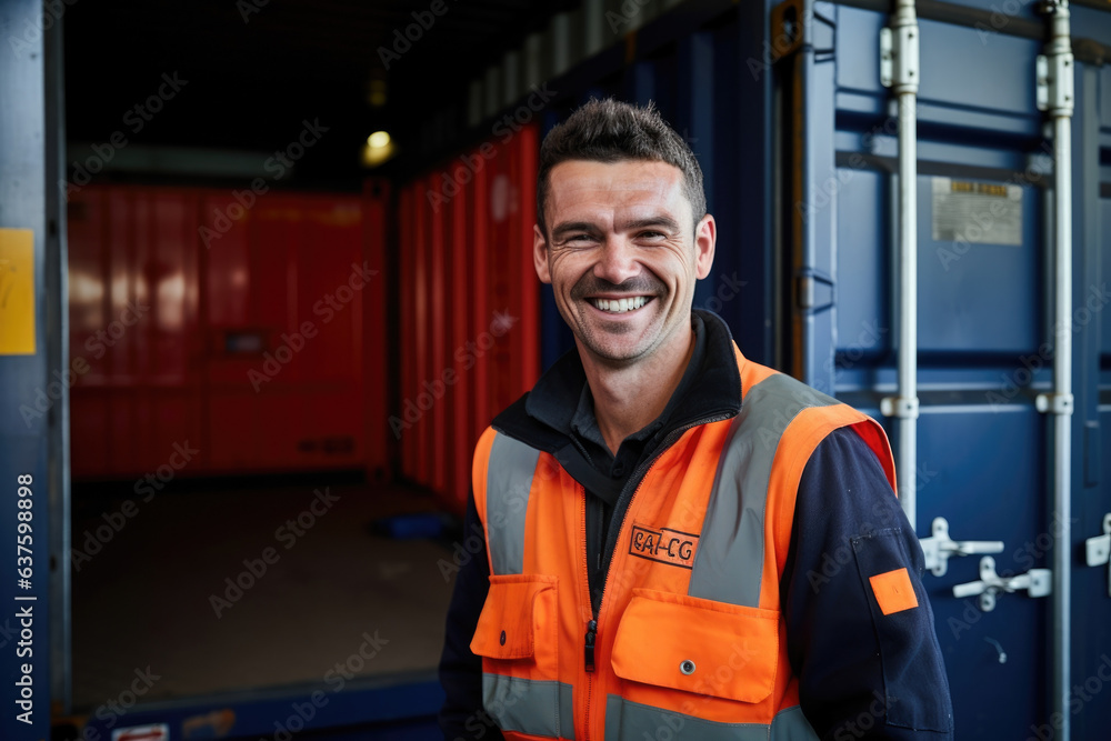 A worker sits at a desk beside two shipping containers. He is wearing a high visibility uniform and safety glasses. He is looking at a laptop and is inputting data into it. He has short dark hair A worker sits at a desk beside two shipping containers. He is wearing a high visibility uniform and safety glasses. He is looking at a laptop and is inputting data into it. He has short dark hair