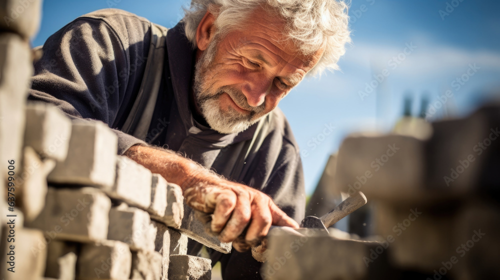 A middle aged stonemason takes a moment to admire his handiwork a large wall of blocks and stones almost complete. His face is a picture of satisfaction one of the many joys of the craft - obrazy, fototapety, plakaty 