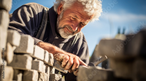 A middle aged stonemason takes a moment to admire his handiwork a large wall of blocks and stones almost complete. His face is a picture of satisfaction one of the many joys of the craft photo