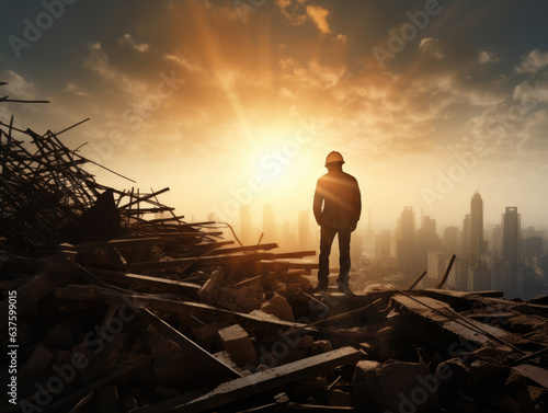 A Construction Laborer holds a saw and stands atop a scaffold the rays of the sun illuminating the scene. In the background the shape of a future building is outlined against the skyline surrounded