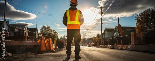 Perfectly framed against a gentile sky a Road Construction Worker kneels by the side of a freshly finished street. The orange safety gear that symbolizes their hard work glowing in the morning photo