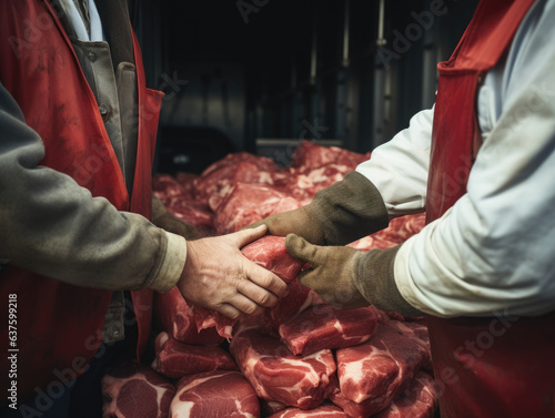 A closeup of a meat packers tired hands as they take a break after loading an entire truck with meat packages. photo