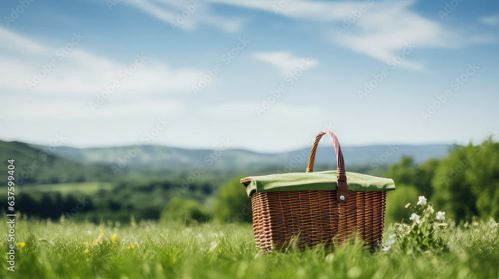 Minimal creative concept photography of weekend with family, picnic basket in empty green field, blue sky, copy space. Minimal creative concept photography of weekend with family, picnic basket in empty green field, blue sky, copy space.