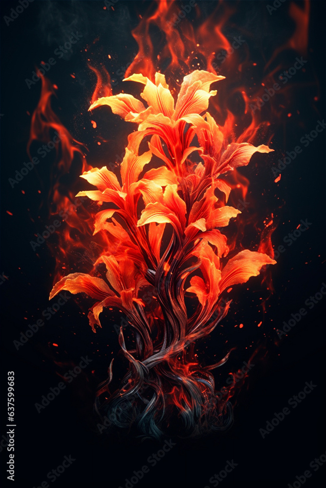 abstract lily bloom in fire with orange flame on black background, created with Generative AI Technology.