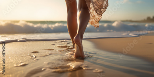 Wet shoreline sand with barefoot prints. Closeup back view photograph woman legs walking barefoot along a beautiful beach. 