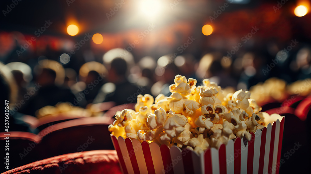 Popcorn set against the background of cinema audience seats Popcorn set against the background of cinema audience seats